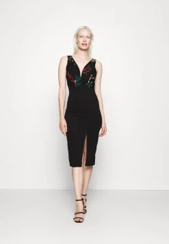 Embroidered V Neck Rose Midi - Jurk - Black Floral