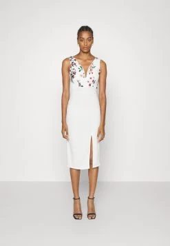 Embroidered V Neck Rose Midi - Jurk - White Floral