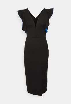 V Neck Ruffle Sleeve Midi Dress - Cocktailjurk - Black/Royal Blue -Wal G 20d13f3316e147b892101abbc14f6e8c