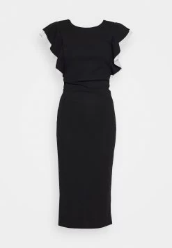 Contrast Frill Sleeve Midi Dress - Jerseyjurk - Black/White