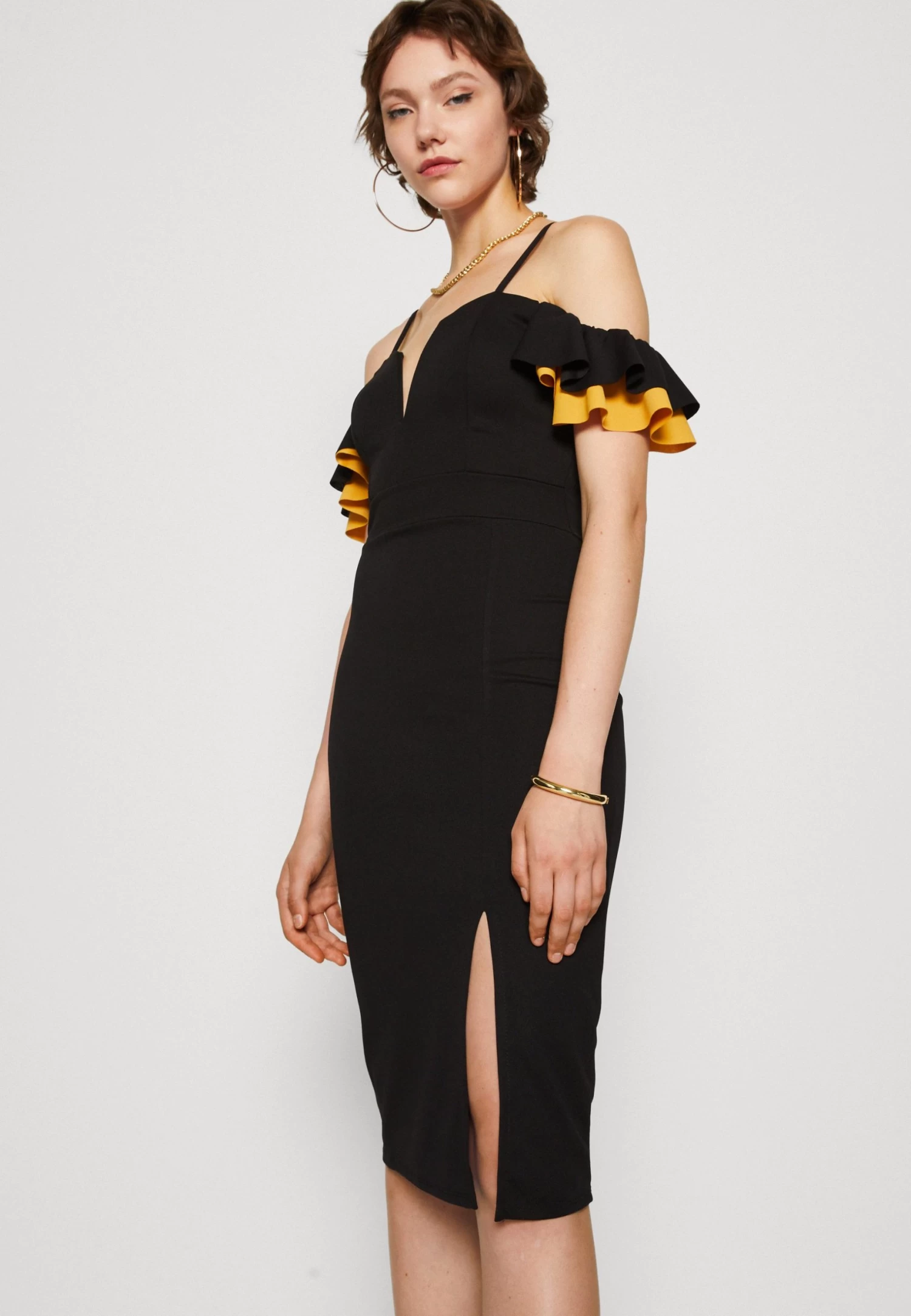 Wal G Simah Frill Midi Dress - Jerseyjurk - Black/Mango 6 Wal G Simah Frill Midi Dress - Jerseyjurk - Black/Mango - Afbeelding 4