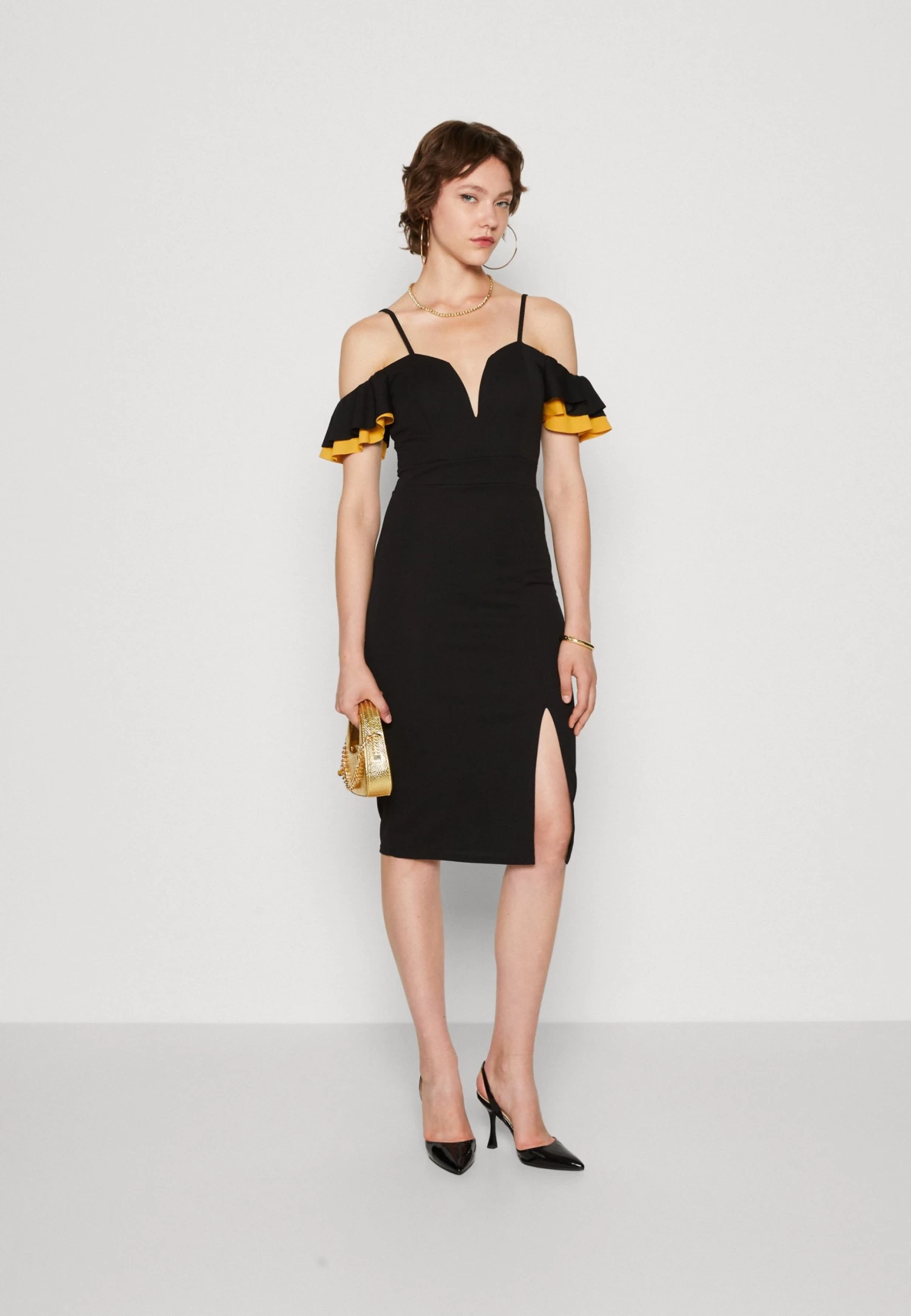 Wal G Simah Frill Midi Dress - Jerseyjurk - Black/Mango 4 Wal G Simah Frill Midi Dress - Jerseyjurk - Black/Mango - Afbeelding 2
