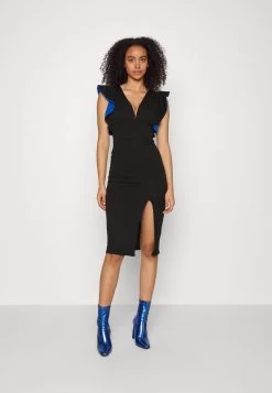 V Neck Ruffle Sleeve Midi Dress - Cocktailjurk - Black/Royal Blue